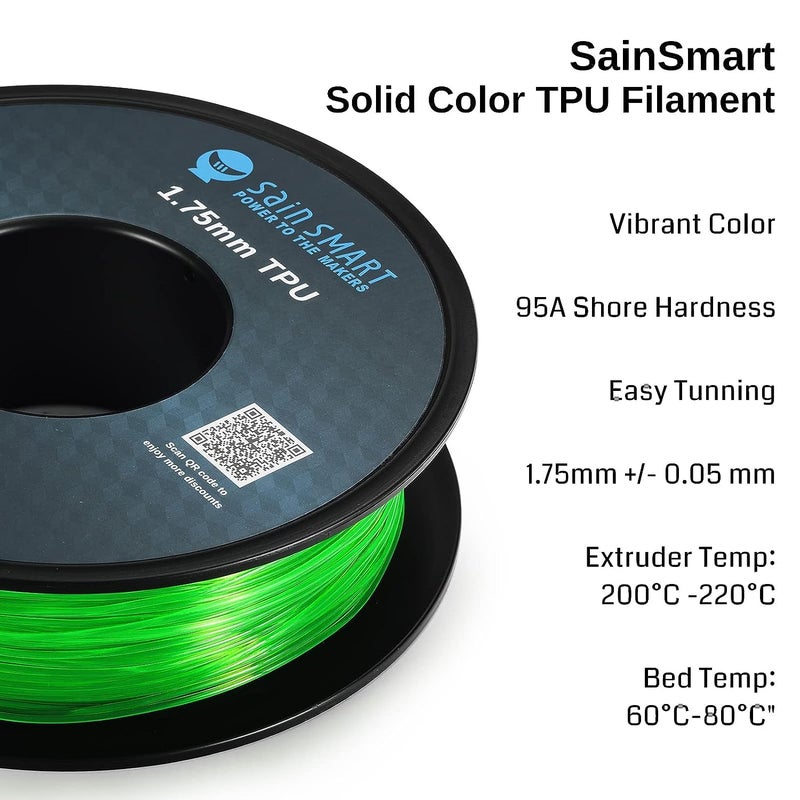 SainSmart Green Flexible TPU 3D Printing Filament, 1.75 mm, 0.8 kg, Dimensional Accuracy +/- 0.05 mm - Image 2